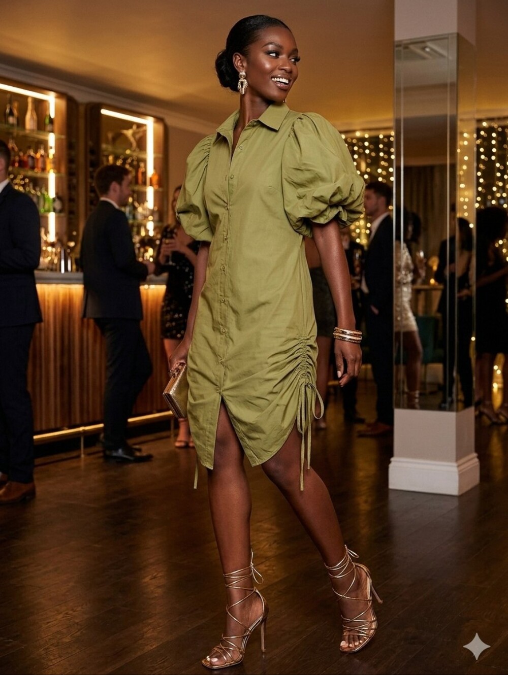 Olive Puff-Sleeve Button Front Shirt Dress - Women